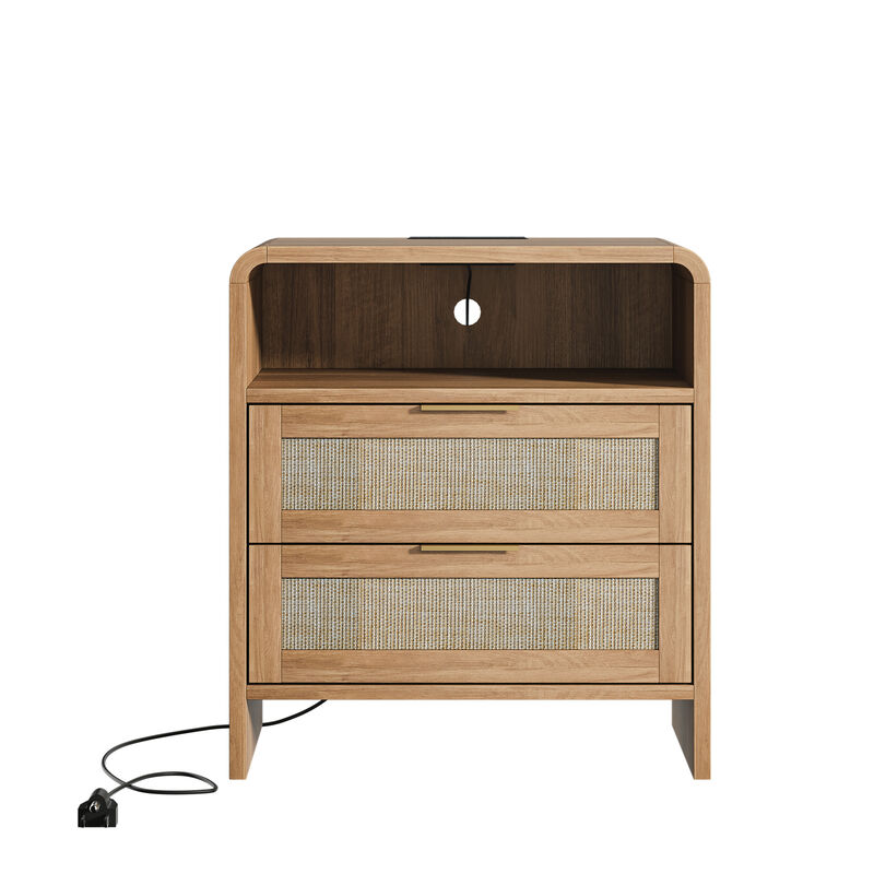 22.8" Wide Rattan Nightstand with USB Charging Station