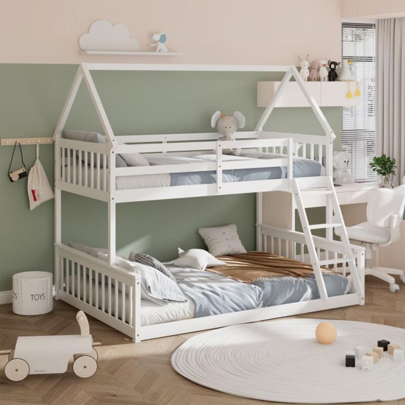 Hivvago Twin Over Full House Bunk Bed with Ladder and Guardrails