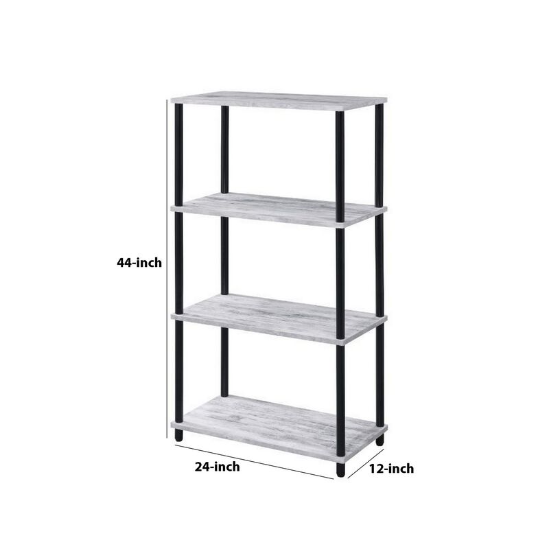 4 Tier Design Bookshelf with Metal Tubular Legs, Antique White - Benzara