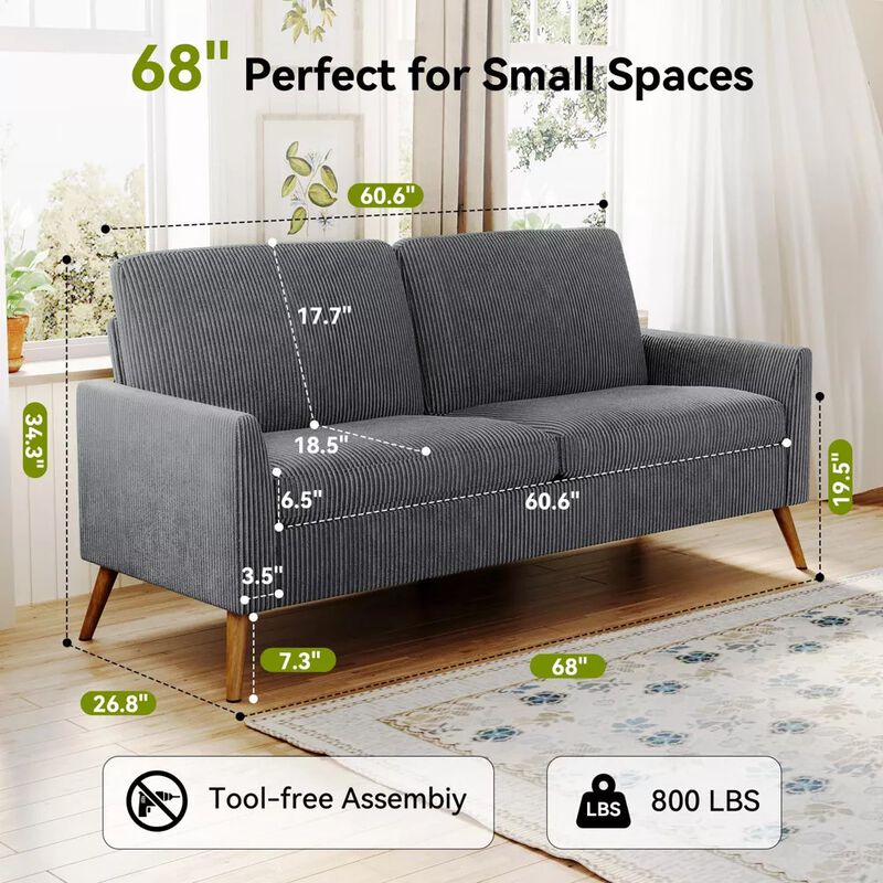 68" Loveseat Sofa, 2-Seater Couch for Small Spaces, Mid Century Modern Love Seat Tool-Free Assembly image number 2