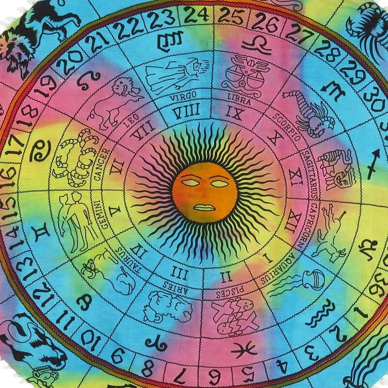 HomeRoots 32" Blue And Pink Floor Round Horoscope Throw Pillow Cover with Pompoms image number 3