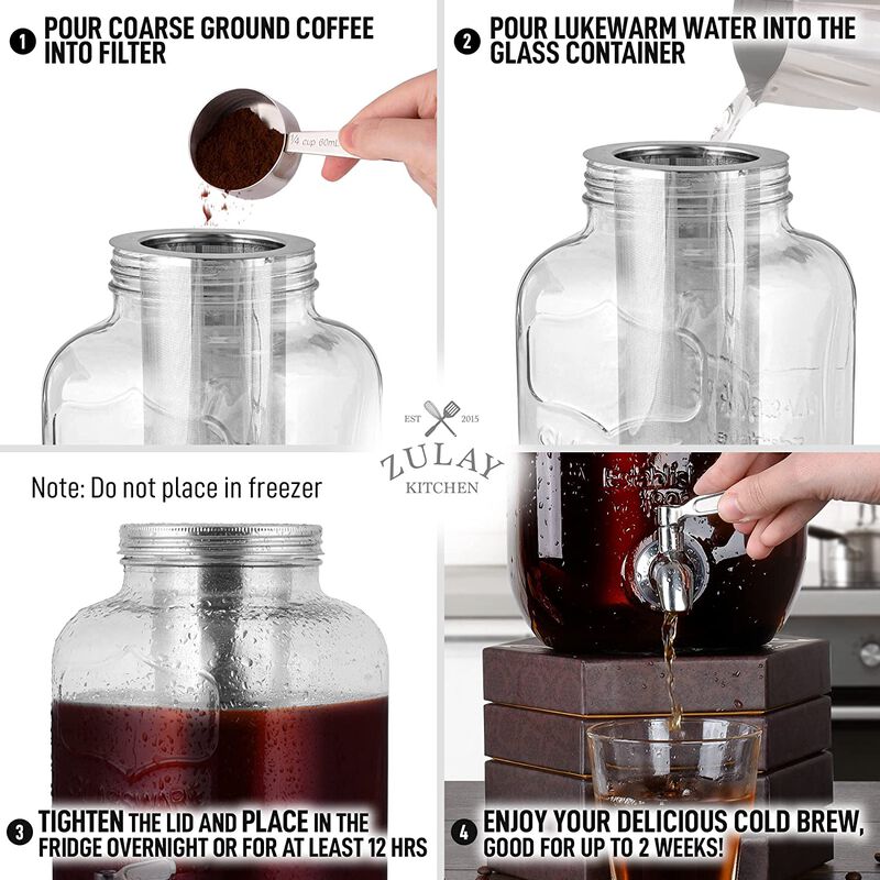 1 Gallon Cold Brew Coffee Maker with Glass Carafe and Stainless Steel Mesh Filter