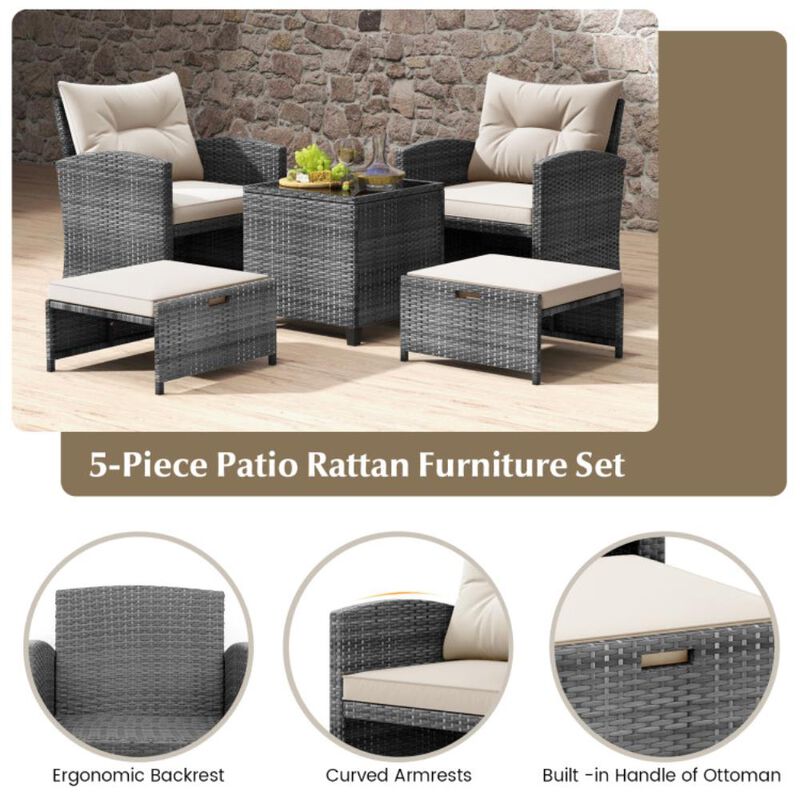 5 Piece Patio Rattan Furniture with 2 Ottomans and Tempered Glass Coffee Table image number 3