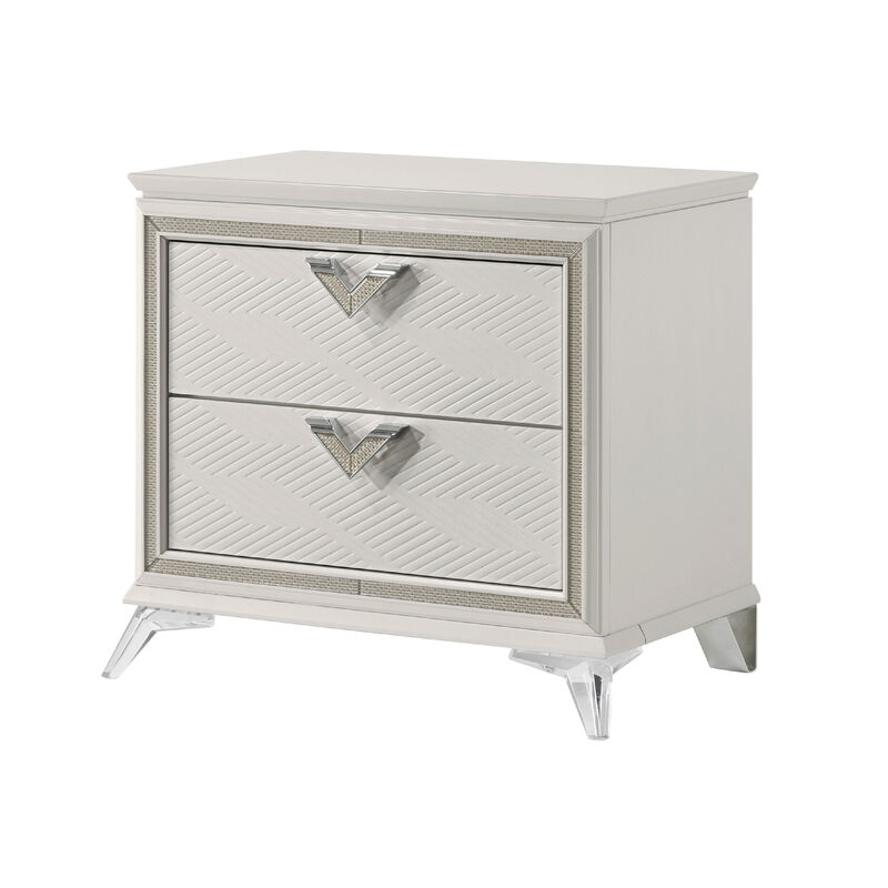 Dery Nightstand, 2 Drawers Chrome Triangle Handles, Gold White Wood - Benzara