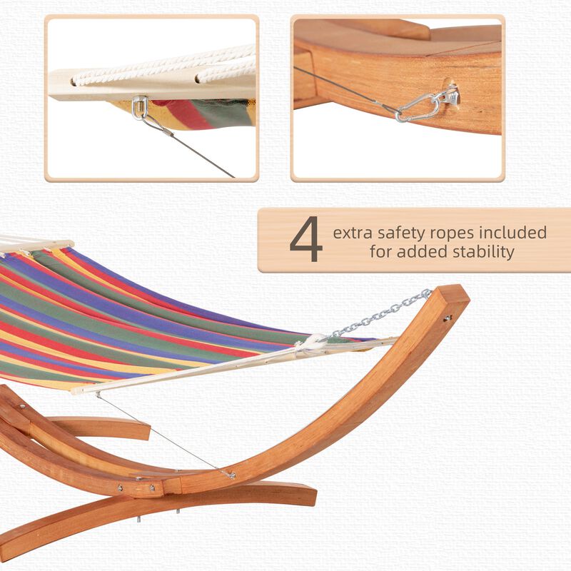 154'' x 47'' Outdoor Hammock, Arch Wooden Hammock with Stand, Single Bed w/ Straps and Hooks, Multi-color Stripe