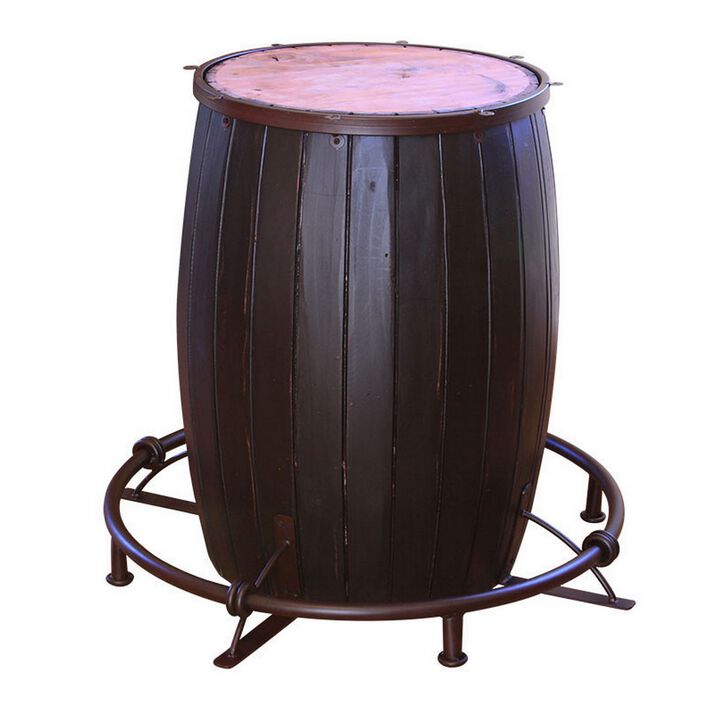 40 Inch Bistro Table, Drum Base and Round Top, Barrel Design, Brown Tones - Benzara