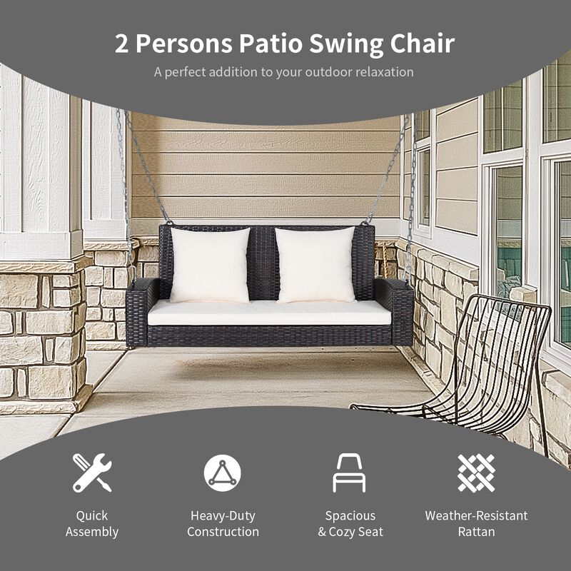 2-Person Wicker Hanging Porch Swing with Cushions &ndash; Includes 2 Back Cushions & 1 Seat Cushion