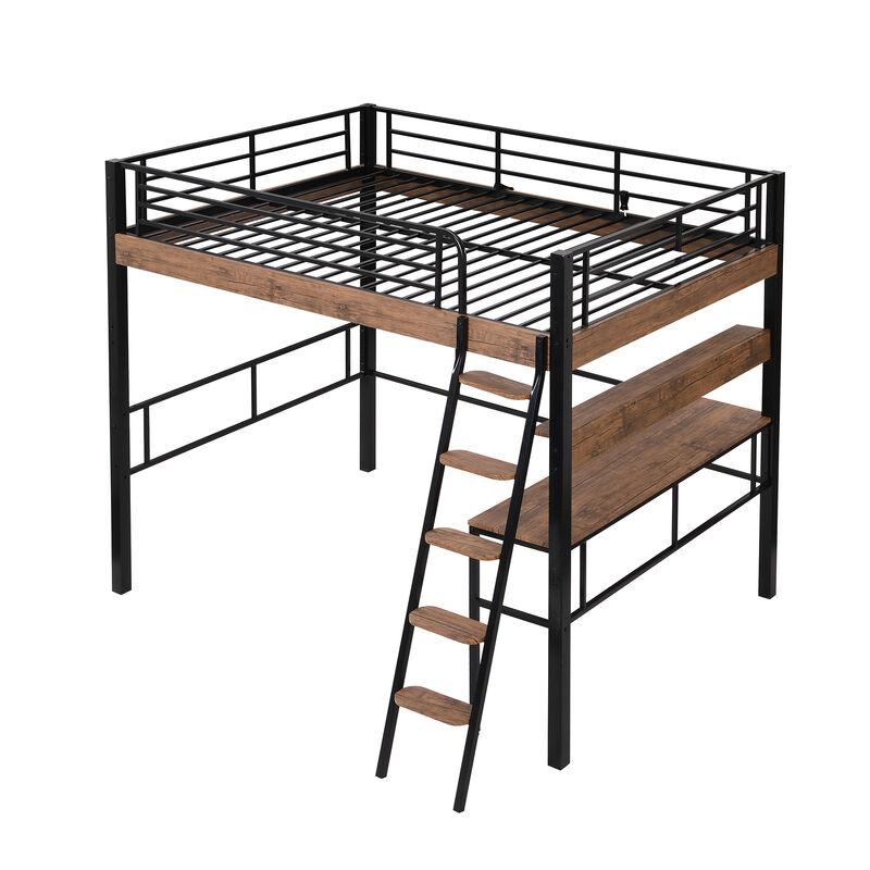 Whisen Metal Full Size Loft Bed with Built-in Desk and Storage Shelf and Ladder - Black