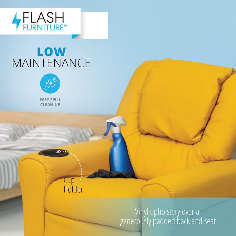 Flash Furniture Vana Vinyl Kids Recliner with Cup Holder, Headrest, and Safety Recline, Contemporary Reclining Chair for Kids, Supports up to 90 lbs., Yellow