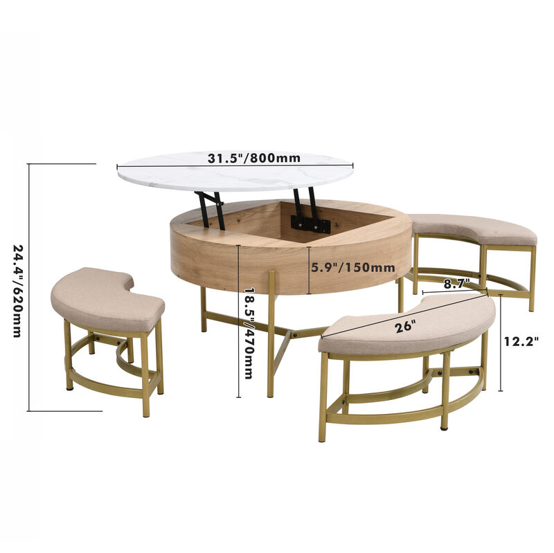 Merax Modern Round Lift-Top Coffee Table with Storage & 3 Ottomans - Multifunctional Cocktail Ottoman Set for Living Room