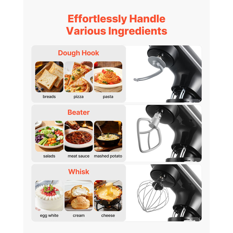 VEVOR Stand Mixer, 6 QT Dough Mixer, 660W 6 + P Speeds Tilt-head Food Mixer with Stainless SteelBowl, Dough Hook, Wire Whip, Flat Beater, Scraper,Household Stand Mixer for Baking & Mixing, Black