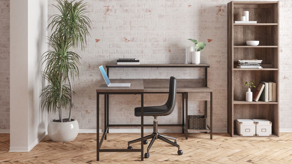 Arlenbry Gray L-Desk with Storage, Bookcase & Swivel Desk Chair