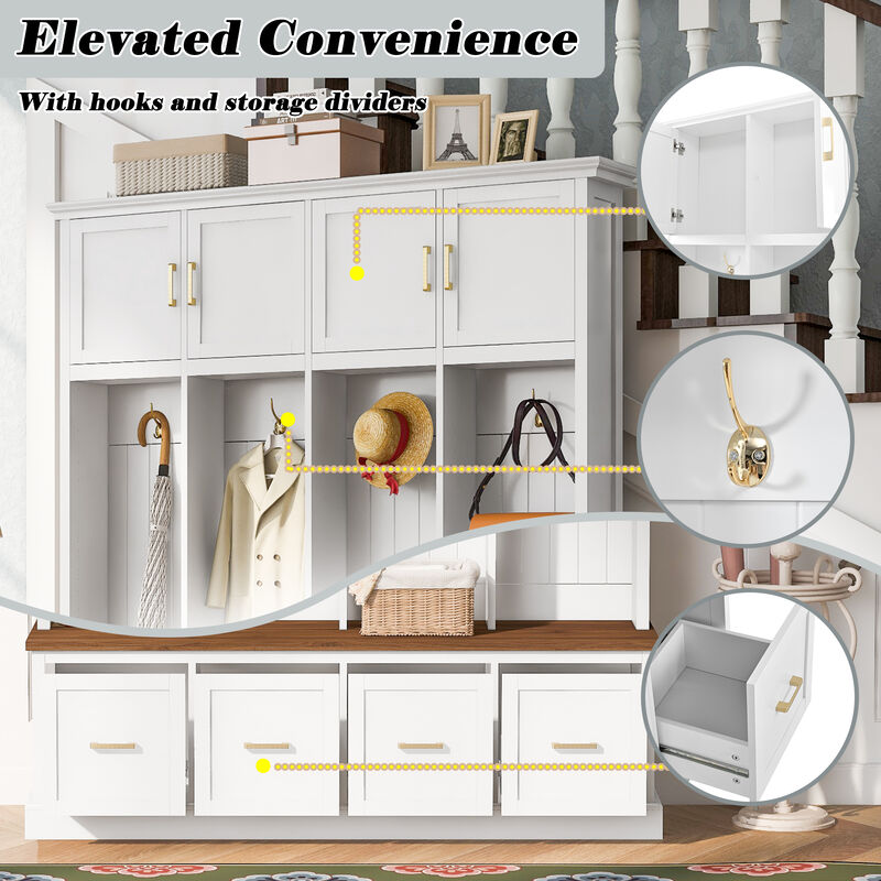 Merax All-in-One Entryway Hall Tree with Hanging Hooks, Upper Cabinet, 3 Drawers & Seating Bench image number 5