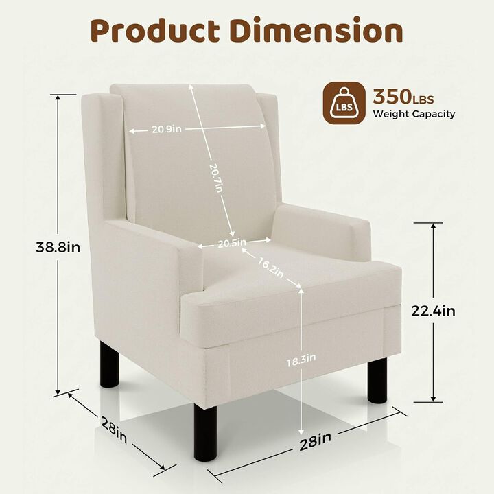 2 Pcs Upholstered Wingback Accent Chair, Modern Reading Armchair for Living Room, Bedroom, White