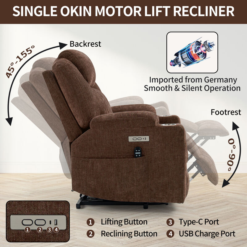 Chenille Power Lift Recliner Chair, Heavy Duty Motion Mechanism with Massage and Lumbar Heating, USB and Type-C Ports