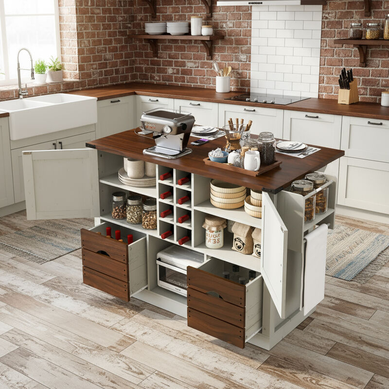 Whisen 54" Farmhouse Kitchen Island with 2 Drawers, Power Outlet & Adjustable Shelves, MDF for Kitchen & Dining image number 2