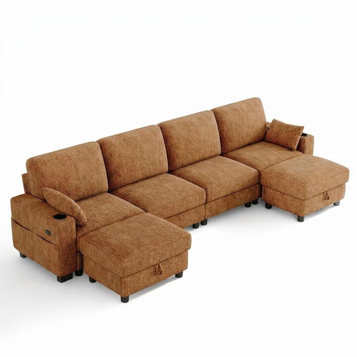 Vipbear 128" Modular Sectional Sofa, Chenille U Shaped Cloud Couch with Ottoman Adjustable Backrest