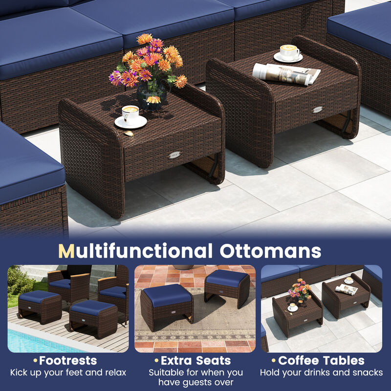 Wicker Ottoman Set of 2 for Outdoor Use with Removable Cushions