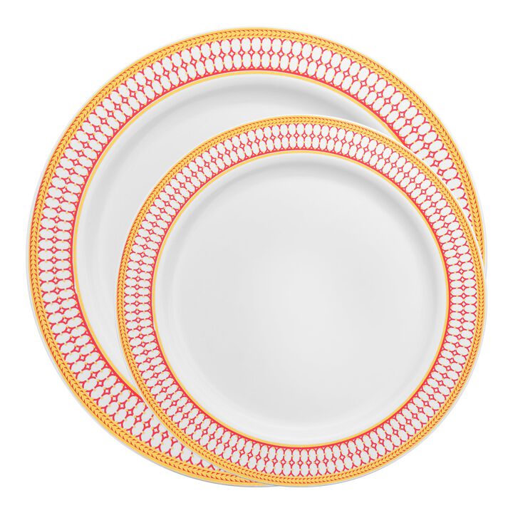 White with Red and Gold Chord Rim Plastic Dinnerware Value Set (40 Sets)