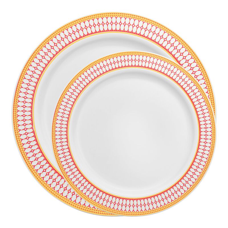 White with Red and Gold Chord Rim Plastic Dinnerware Value Set (40 Sets) image number 0