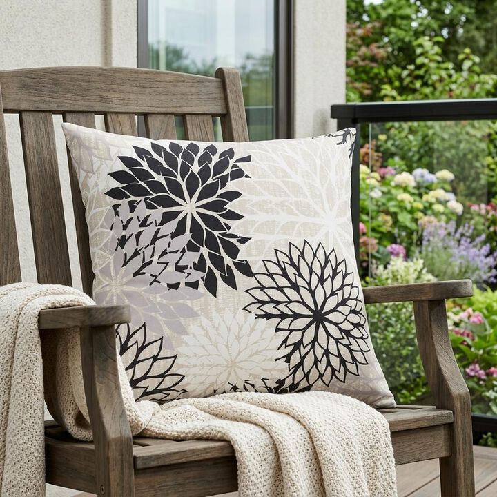 HomeRoots 20" Black Gray and White Handmade Floral Indoor Outdoor Throw Pillow