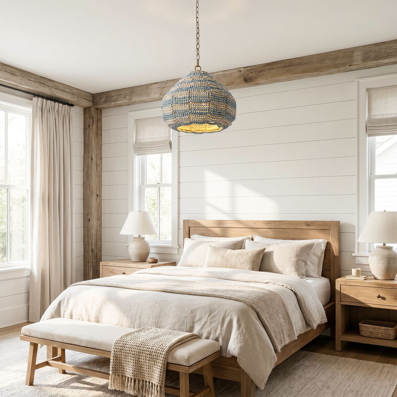 15.7" Coastal 2-Light Distressed Blue and White Wood Beaded Gourd Chandelier, Pendant Light for Bedroom, Living Room or Dining Room image number 4