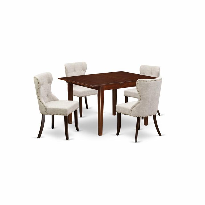 East-West Furniture MLSI5-MAH-35 - A dining set of 4 fantastic kitchen chairs with Linen Fabric Doeskin color and a stunning mid-century dining table in Mahogany Finish
