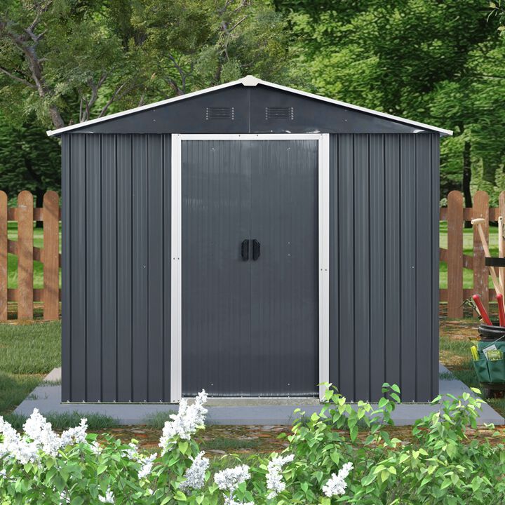 8ft x 6ft Outdoor Metal Storage with Lockable Sliding Doors and Transparent plate for Garden