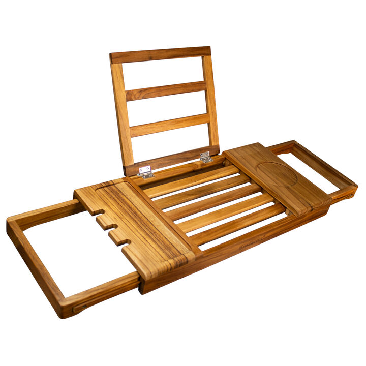 Expandable teak bathtub amenity tray