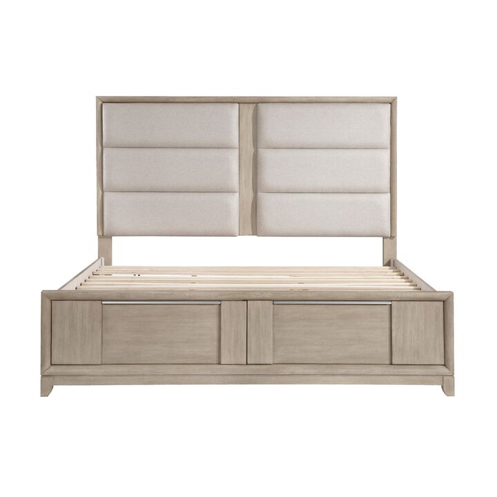 Owen Queen Platform Bed, Storage Drawers, Upholstery, Light Beige Wood