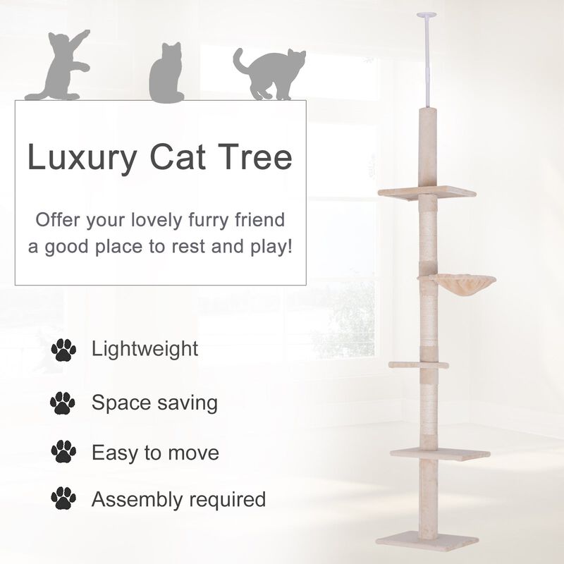 8.5' Vertical Cat Tree Adjustable Height Floor-To-Ceiling with 5 Carpeted Platforms & 3 Sisal Rope Scratching Areas Beige