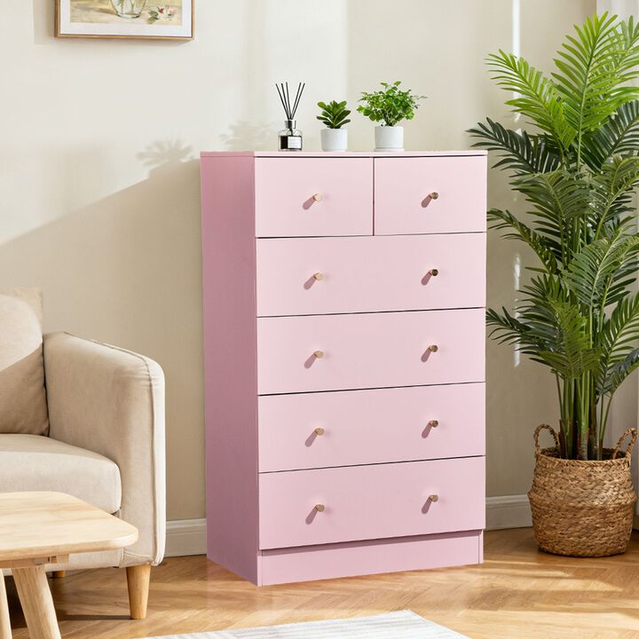 Pink 6 Drawer Dresser Cabinet with Gold Tone Handles and Tiered Storage