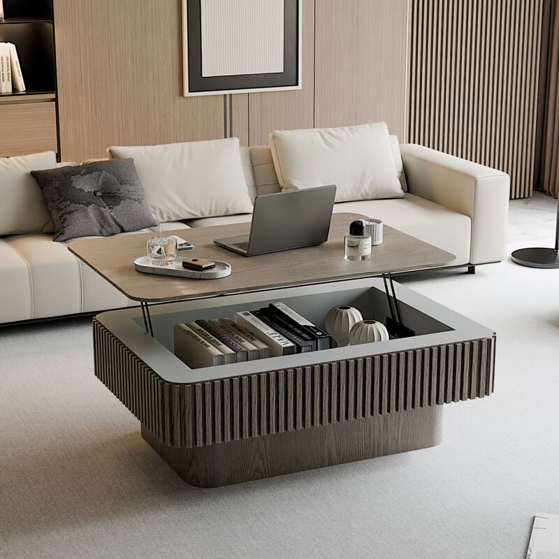 Rectangular lift top coffee table Coffee table with hidden storage and soft close Fluted MDF and solid wood veneer coffee table image number 5
