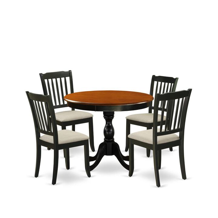 East West Furniture 5-Piece Modern Dining Set Includes a Round Wood Table and 4 Linen Fabric Dining Room Chairs with Slatted Back - Black Finish