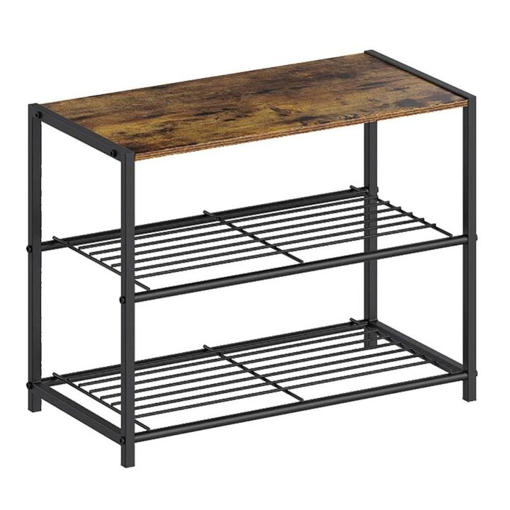 Hivvago 2-Shelf Entryway Shoe Rack Bench with Black Metal Frame and Brown Wood Top