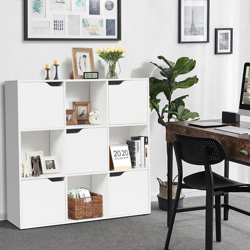 Free Standing 9 Cube Storage Wood Divider Bookcase for Home and Office-White