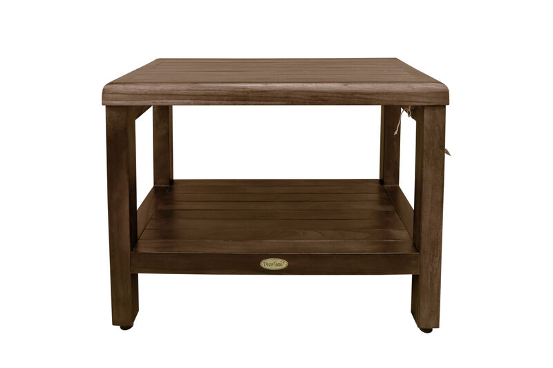 DecoTeak Eleganto 24" Teak Wood Shower Bench with Shelf in Woodland Brown Finish