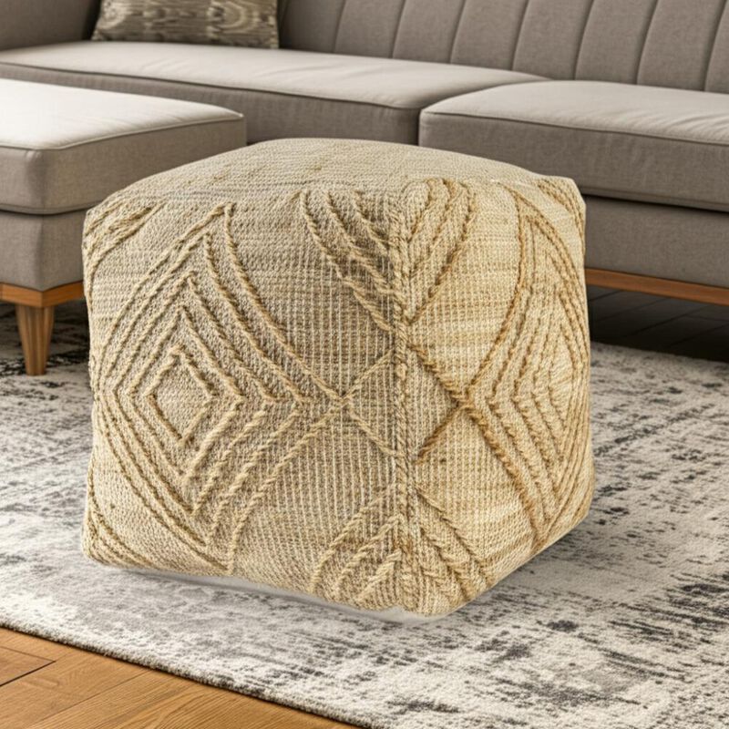 Hivvago 18 Inch Natural Jute Blend Cube Geometric Pouf Ottoman