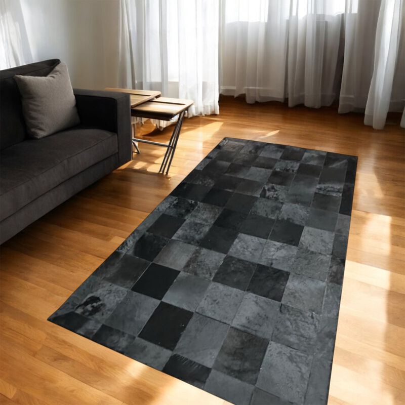 Black Square Checkered Cowhide Patchwork Rug image number 5