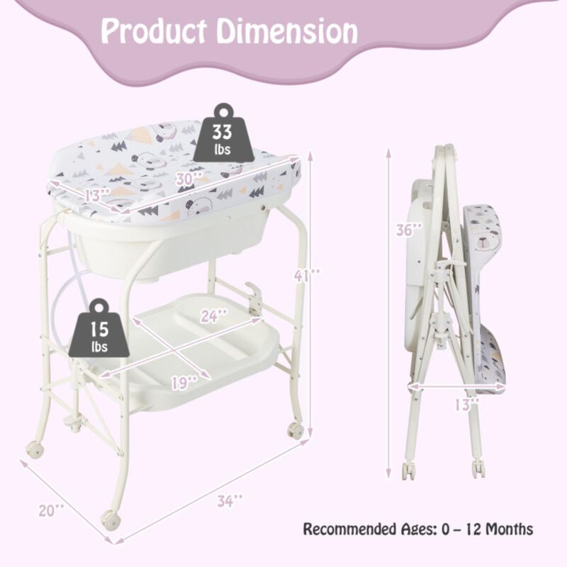 Hivvago Folding Baby Changing Table with Bathtub and 4 Universal Wheels