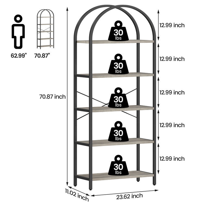 Modern Industrial Arched 5-Tier Open Bookshelf, Curved Metal Frame Freestanding Storage Display Shelf for Living Room, Bedroom & Home Office image number 5