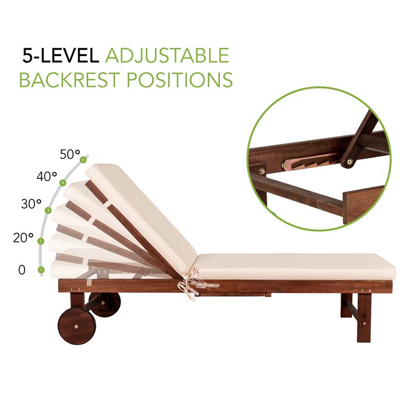 Seabrook Outdoor Acacia Wood Lounger with Cushion Position Back Slide Table Wheels