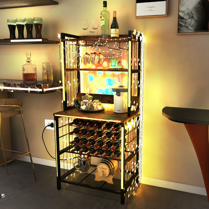 Wine Bar Cabinet Wine Rack with 4 Tier Storage Shelves and Glass Holders-Brown