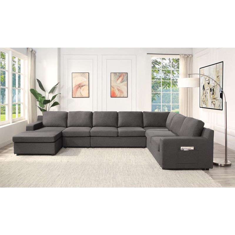 Lilola Home Waylon Gray Linen, 7-Seater U-Shape Sectional Sofa Chaise with Pocket