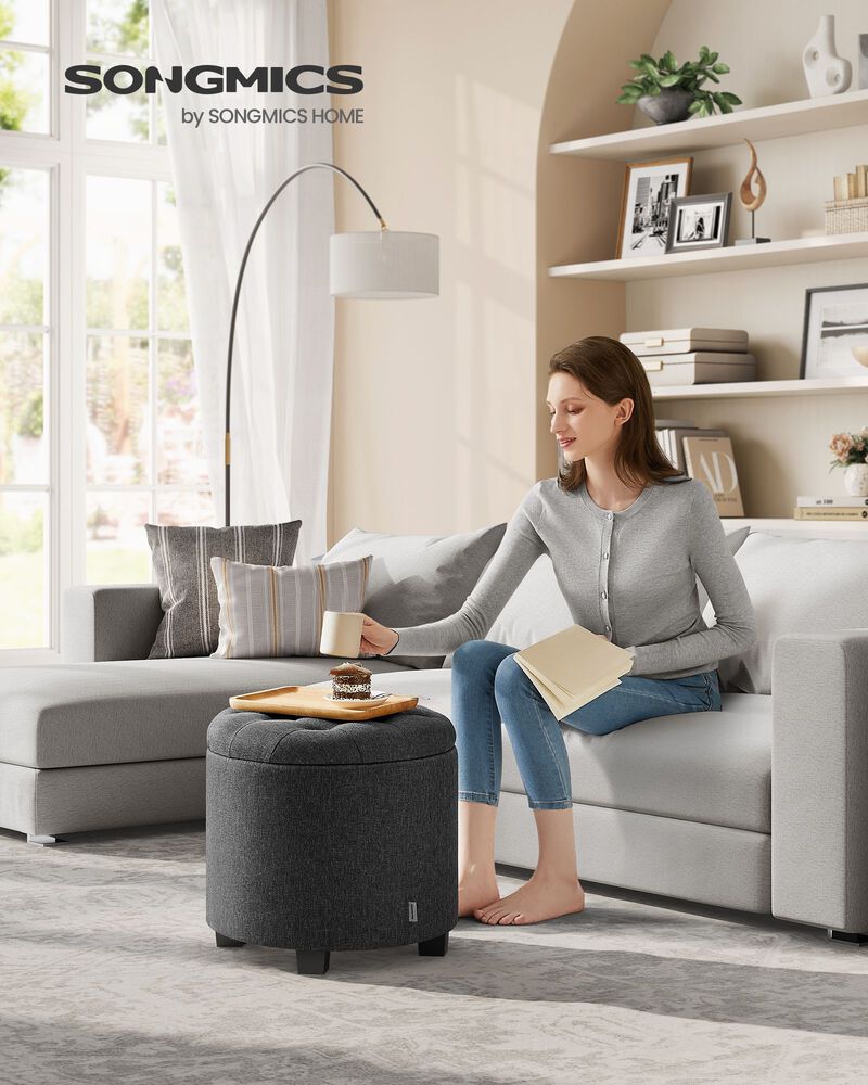 Linen Fabric Storage Ottoman Bench - Dark Gray Footstool with Foam Padded Seat and Solid Wood Legs