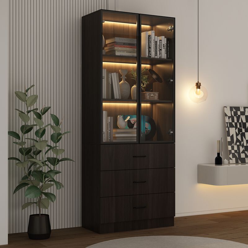 31.5&rdquo;W Display Cabinet Curio Cabinet with Light & Pop-up Glass Doors, Storage Cabinet Bookcase with 5-Tier Shelves & 3 Drawers for Living Room/Home Office, Dark Brown (31.5&rdquo;W x 15.7&rdquo;D x 78.7&rdquo;H)