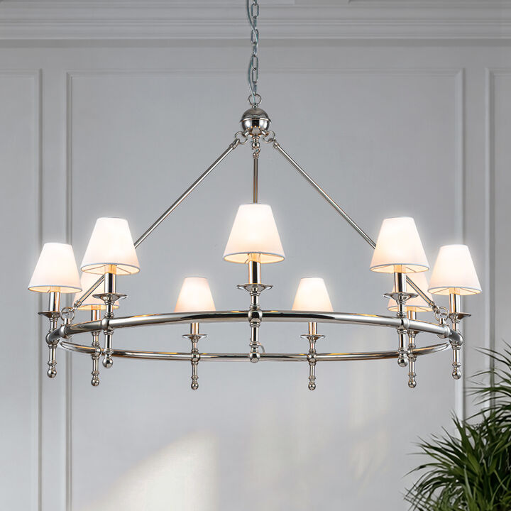 47'' 9-Light Extra Large Modern Polished Nickel Chandelier with White Fabric Shades For Dining Room or Living Room