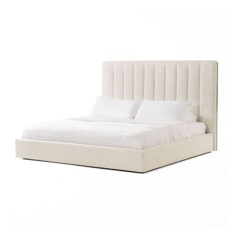 Valy Platform Queen Bed, Vertical Striped Tufted Ivory Upholstered - Benzara