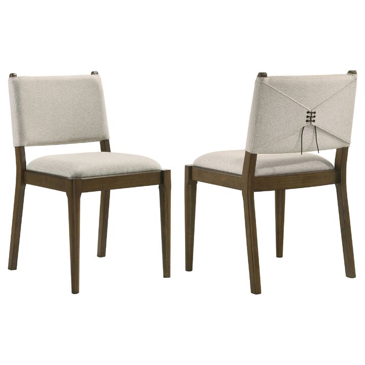 Clera Upholstered Dining Side Chair, Tie Details, Set of 2, Brown Wood