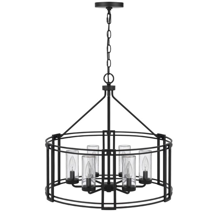 6 Light Chandelier, Caged Round Oval, Glass Shades, Black Metal 24 Inch